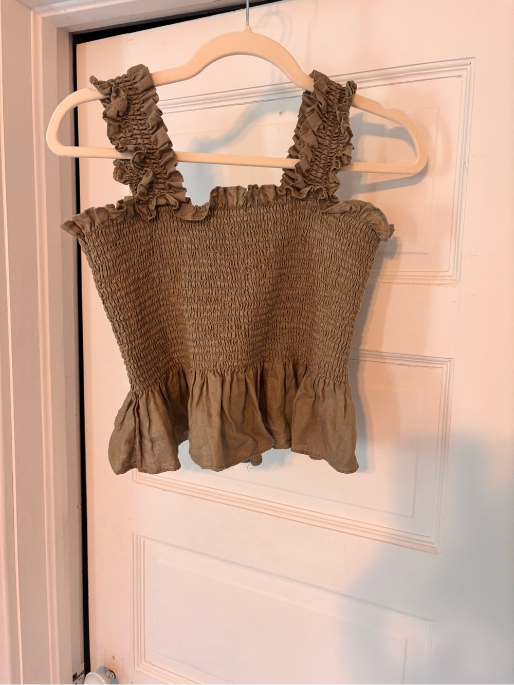 Quince Smocked Ruffle Strap Crop Top - Olive Green (Size L) 100% linen